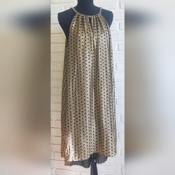 Michael Kors Chain Halter Dress Bergalia Black Gold Foil Art Deco Size Large - Picture 3 of 17